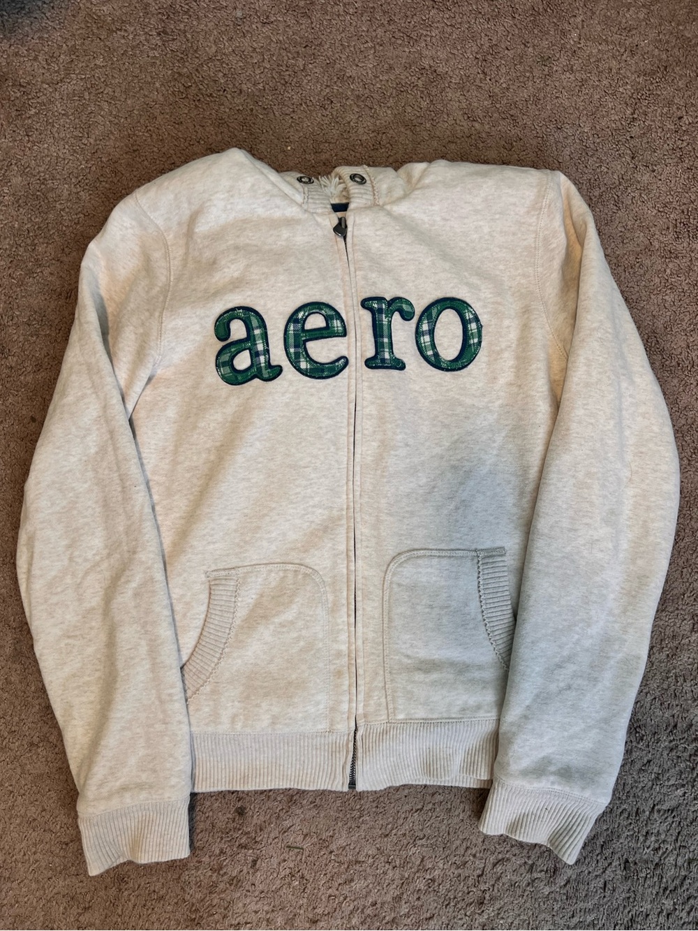 Aeropostale Cream Zip-Up Sweatshirt with Green Plaid 'aero' Logo